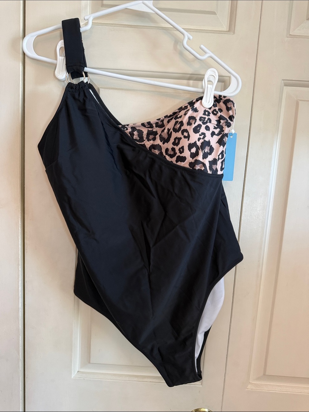 Black One-Piece Swimsuit with Leopard Accent